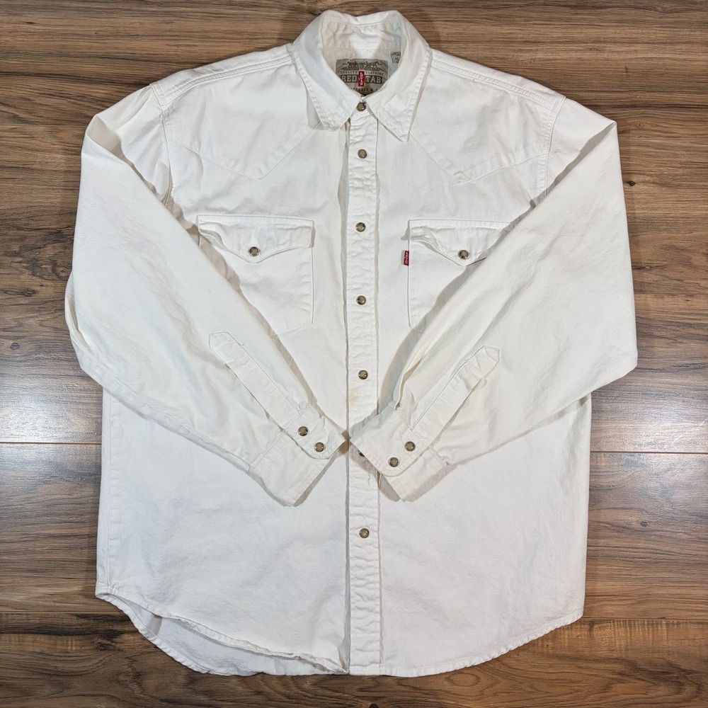 VTG Levi's Red Tab Mens MD White Denim Pearl Snap Western Long Sleeve Shirt 90s